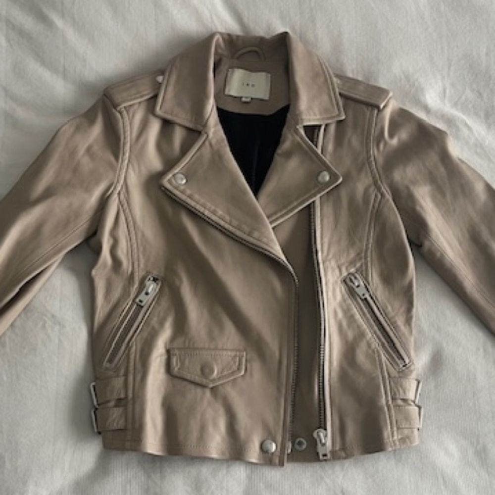 IRO Ashville Lambskin Leather Biker Jacket Taupe Beige Tan  Silver Size 36 XS